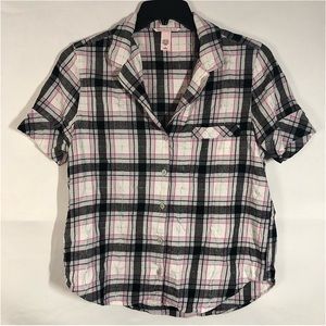 2 Victoria Secret Pajama Sleep Pink/Black Plaid Button Front Sleepwear Shirt M